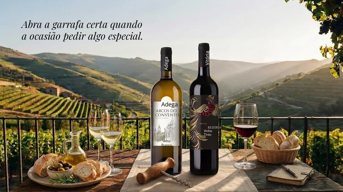 Garrafas de Arcos do Convento Branco e Vitória Régia Reserva Tinto sobre uma mesa com taças, pão, azeite e azeitonas, com vinhedos ao entardecer ao fundo, e o texto 'Abra a garrafa certa quando a ocasião pedir algo especial.'